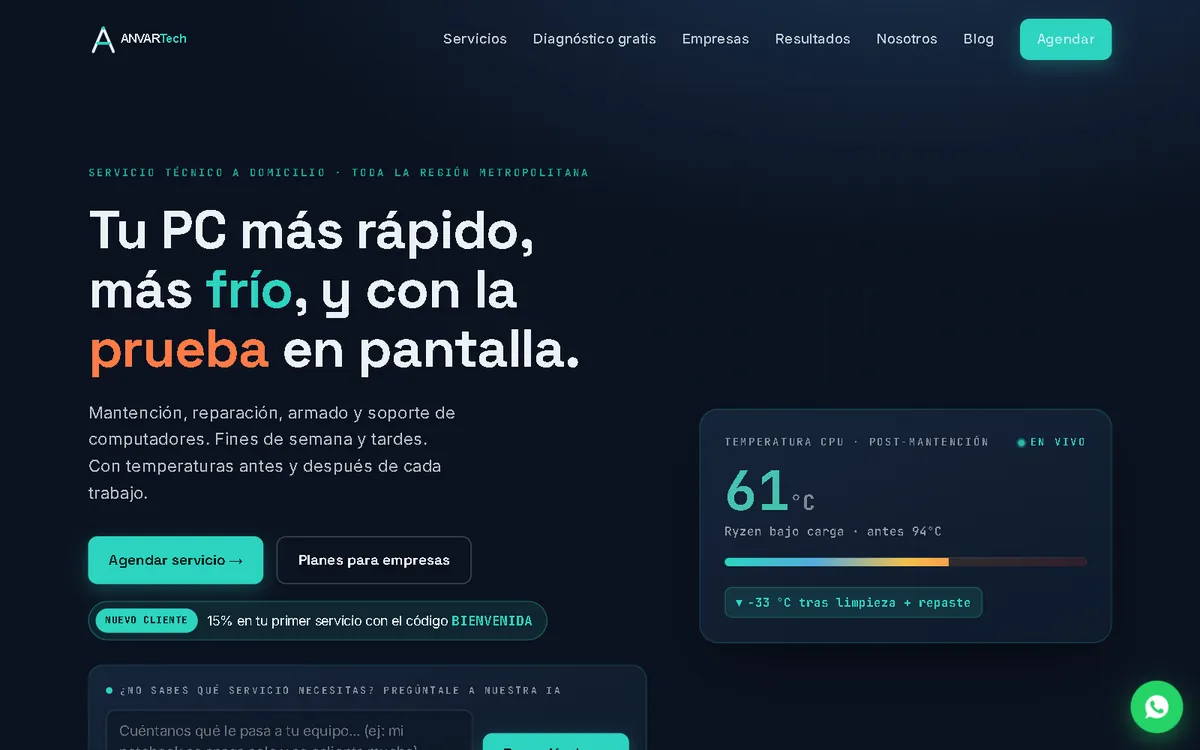 Portada de anvartech.cl, el servicio técnico de computadores de ANVAR TECH, con agenda y pago en línea