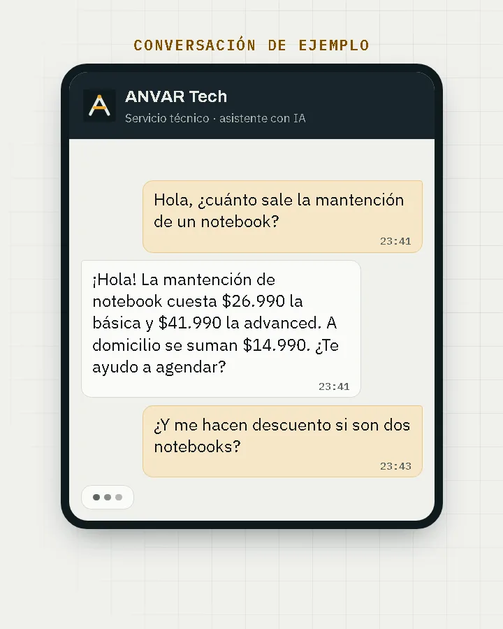 Animación: un cliente pregunta por WhatsApp cuánto cuesta una mantención, el asistente responde con la lista de precios y deriva a una persona cuando el cliente pide un descuento.